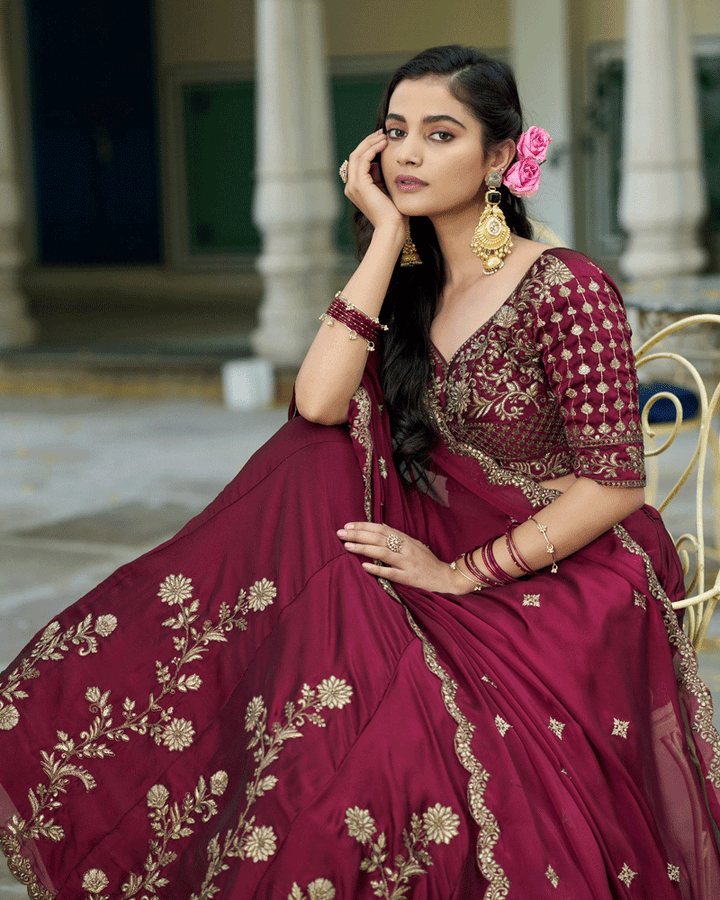 Dark Maroon Floral Embroidered Rangoli Silk Lehenga Choli