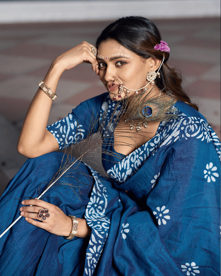 Navy Blue Color Cotton Chanderi Traditional Lehenga Set
