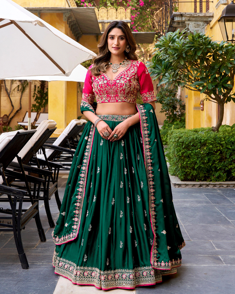 Peacock Green Color Silk Satin Embroidered Lehenga Choli