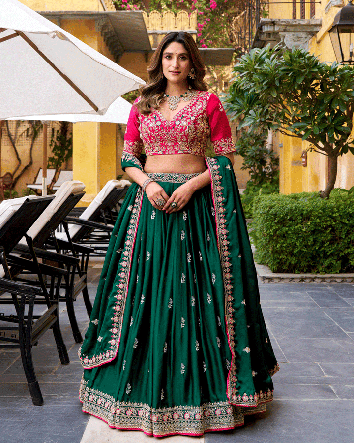 Peacock Green Color Silk Satin Embroidered Lehenga Choli