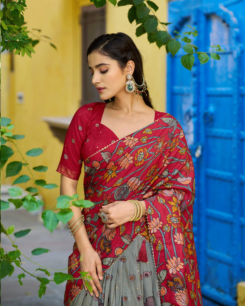 Sea Green Color Tasar Silk Printed Lehenga Choli