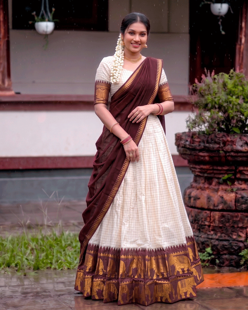 Brown Color Crafted Poly Cotton Half Saree