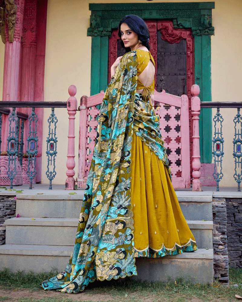 Mustard Vichitra Silk Embroidered Lehenga Choli Set