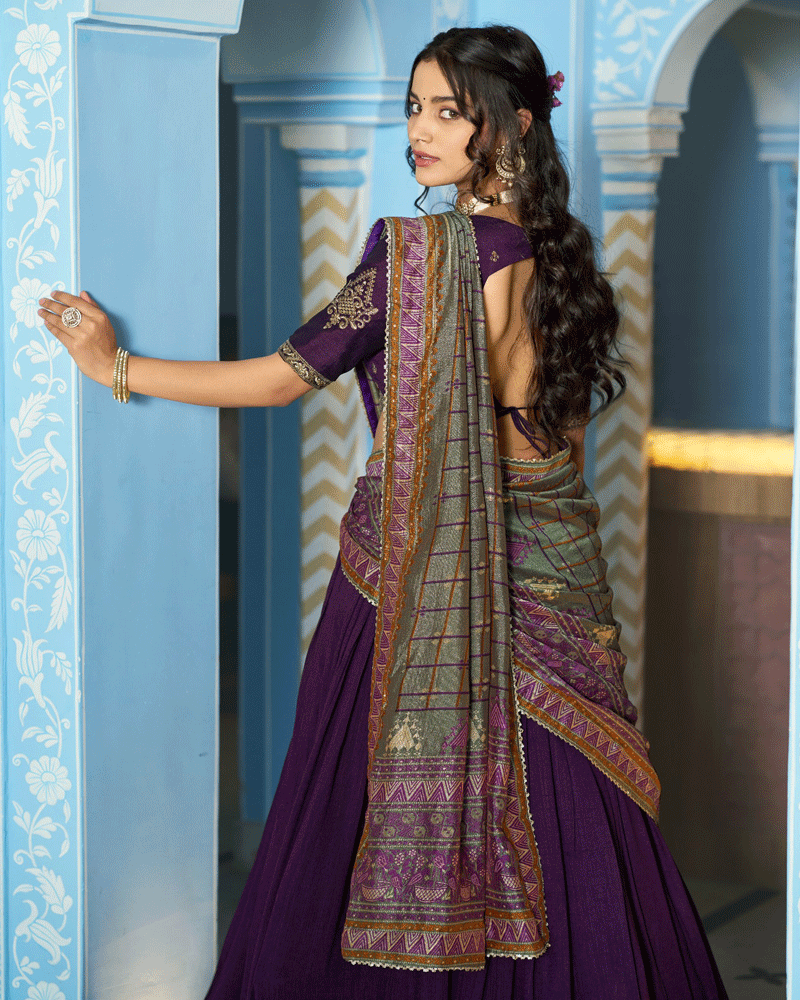 Dark Purple Designer Embroidered Silk Lehenga Choli