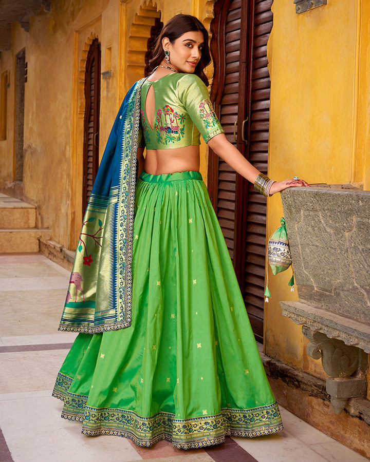 Designer Parrot Green Soft Paithani Silk Lehenga Choli