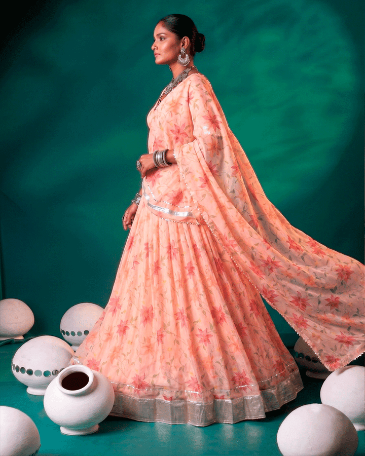 Peach Color Floral Printed Designer Lehenga Set