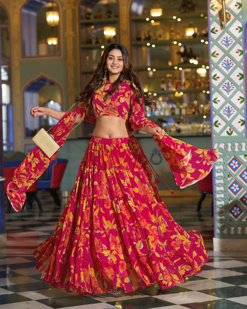 Designer Pink Floral Printed Marble Lehenga Choli
