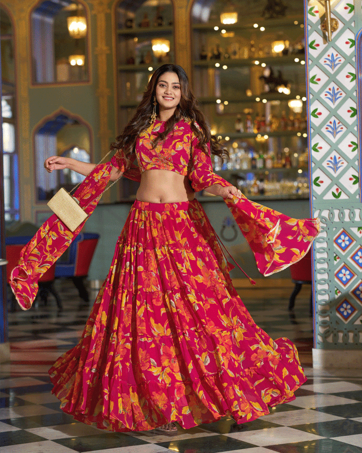 Designer Pink Floral Printed Marble Lehenga Choli