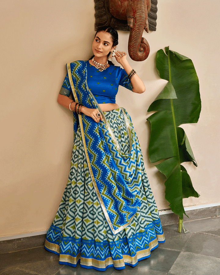 Elegant Sky Blue Color Tasar Silk Printed Lehenga Choli