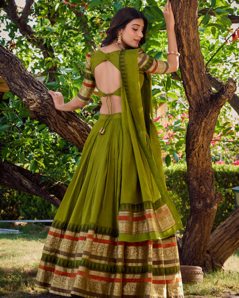 Traditional Mehndi Color Pure Chanderi Lehenga Choli