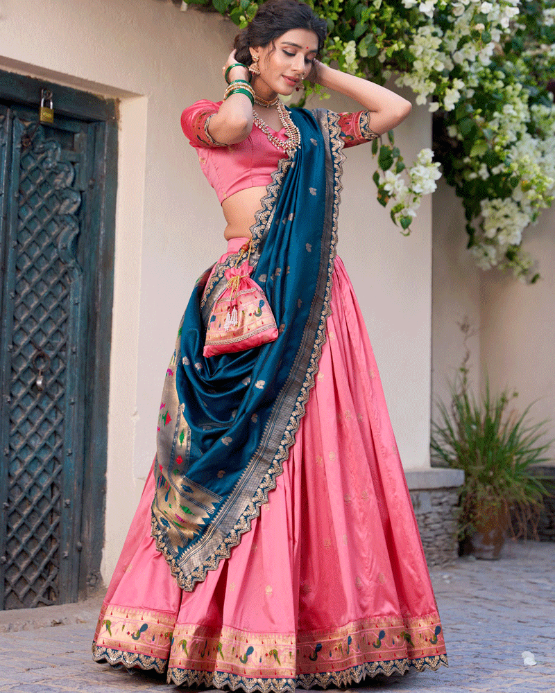 Light Pink Embroidered Jacquard Paithani Silk Lehenga Choli
