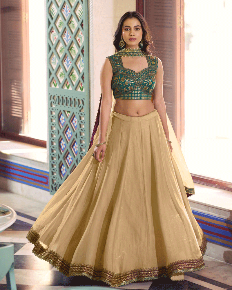 Champagne Beige Lehenga With Green Embroidered Choli Set