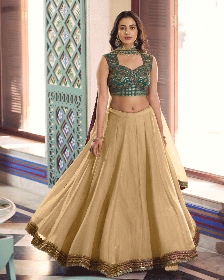 Champagne Beige Lehenga With Green Embroidered Choli Set