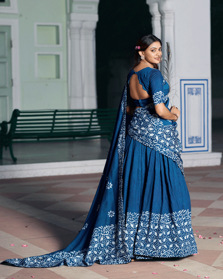 Navy Blue Color Cotton Chanderi Traditional Lehenga Set