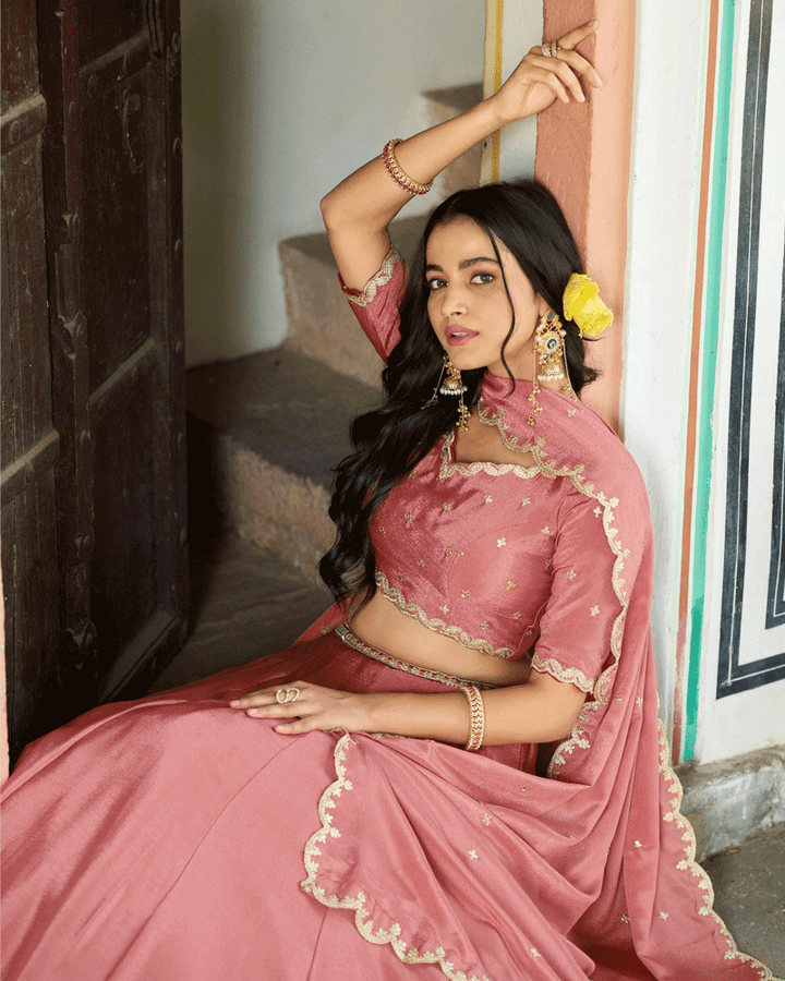 Peach Color Chinon Silk Embroidered Glamorous Lehenga Choli