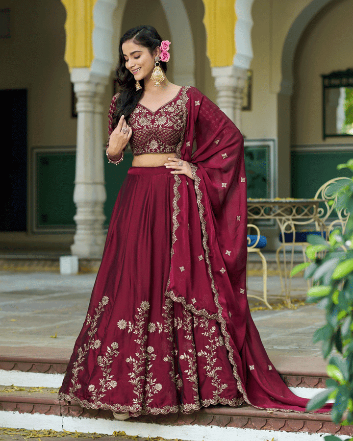 Dark Maroon Floral Embroidered Rangoli Silk Lehenga Choli