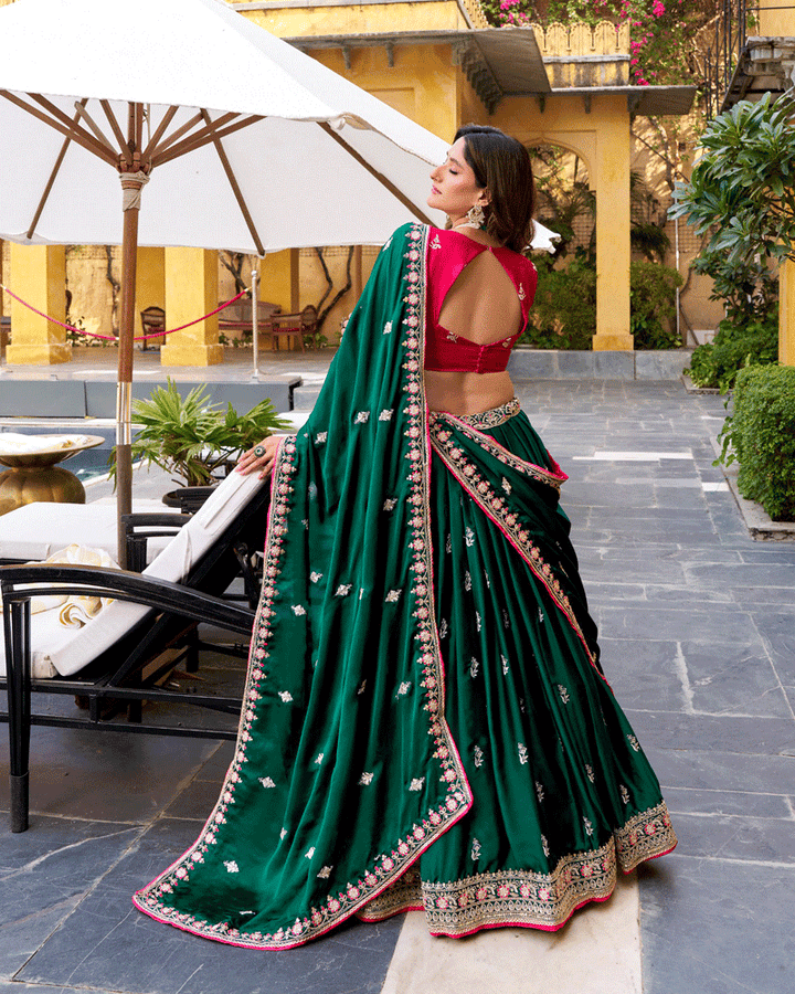 Peacock Green Color Silk Satin Embroidered Lehenga Choli