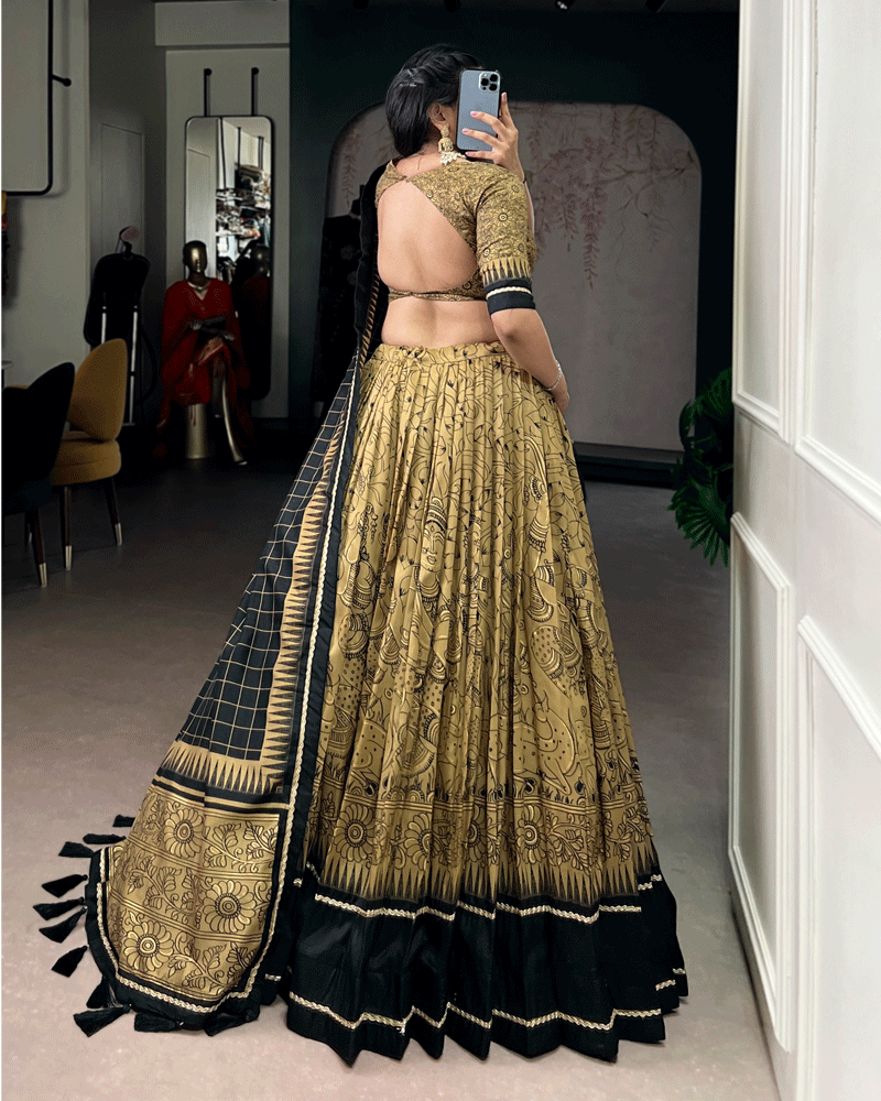 Gold Color Kalamkari Printed Flared Lehenga Choli Set