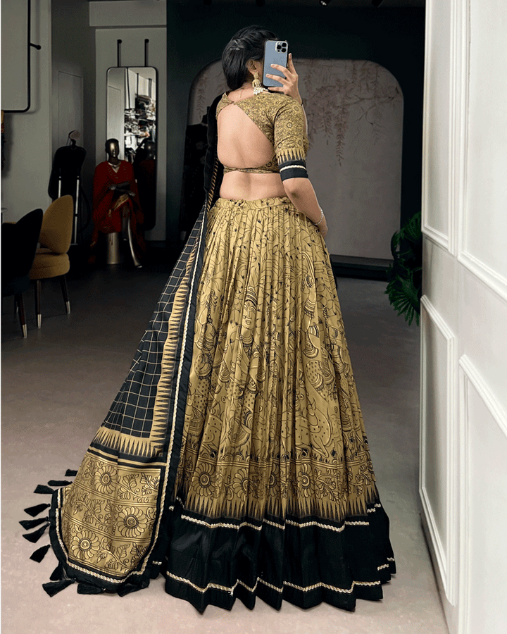 Gold Color Kalamkari Printed Flared Lehenga Choli Set