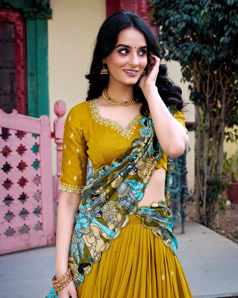 Mustard Vichitra Silk Embroidered Lehenga Choli Set