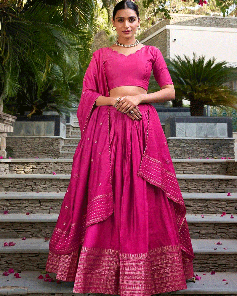 Vibrant Pink Color Pure Chanderi Lehenga Choli