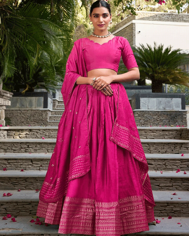 Vibrant Pink Color Pure Chanderi Lehenga Choli