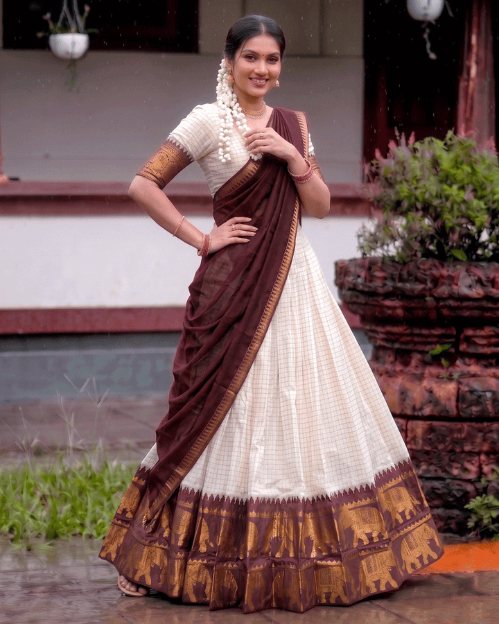 Brown Color Crafted Poly Cotton Half Saree
