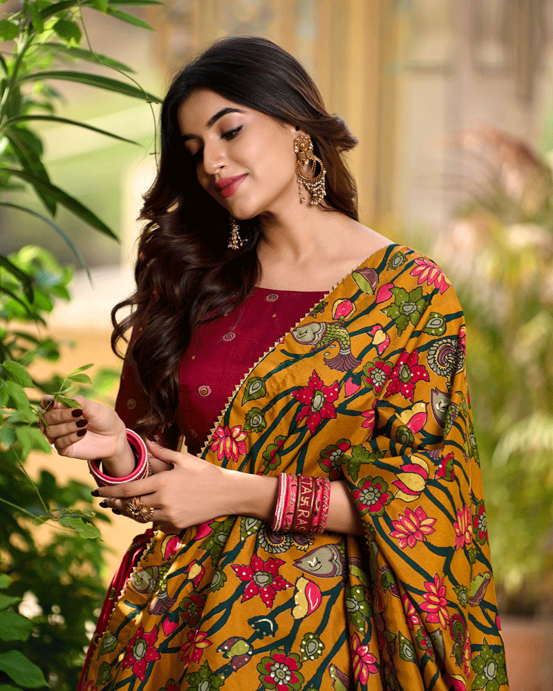 Red Color Tasar Silk Printed Lehenga Choli