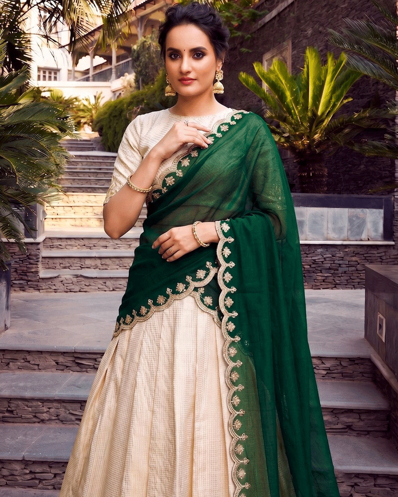 Green Color Crafted Jacquard Chex Half Saree