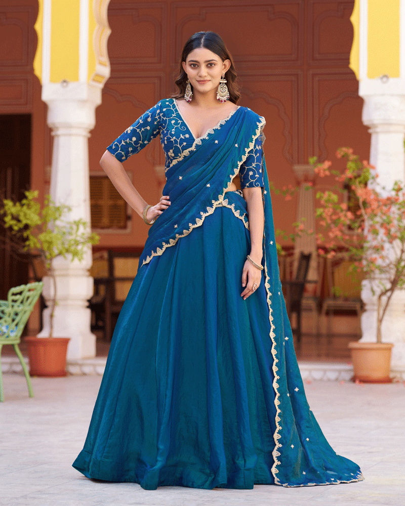 Peacock Blue Color Embroidered Embellished Lehenga Choli