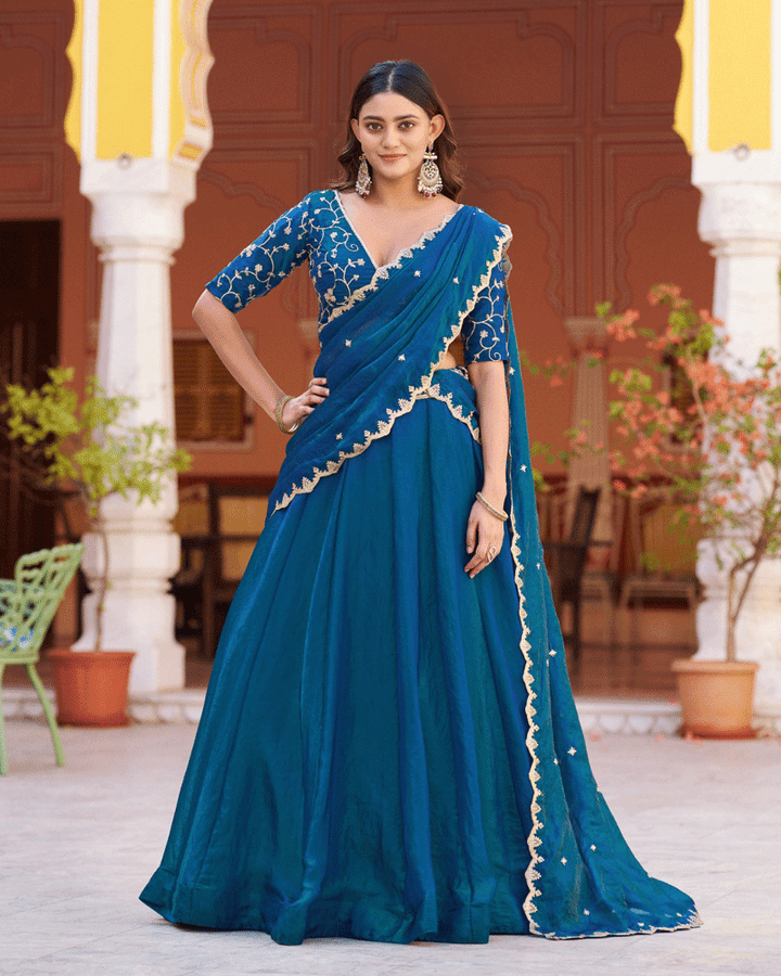 Peacock Blue Color Embroidered Embellished Lehenga Choli