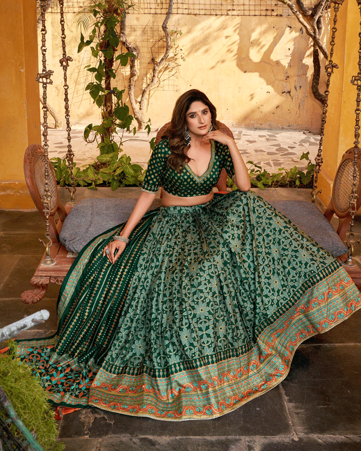 Green Color Sparkle Printed Silk Lehenga Choli