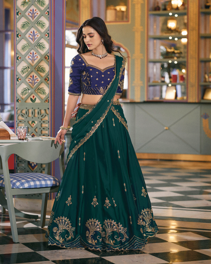 Peacock Green Rangoli Silk Embroidered Lehenga Choli