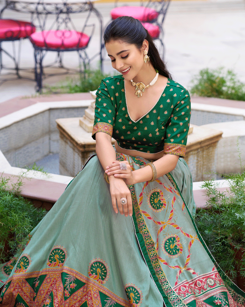 Designer Green Color Tasar Silk Printed Lehenga Choli