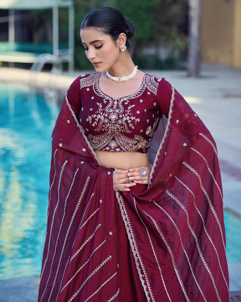 Embellished Maroon Color Rangoli Crush Lehenga Choli