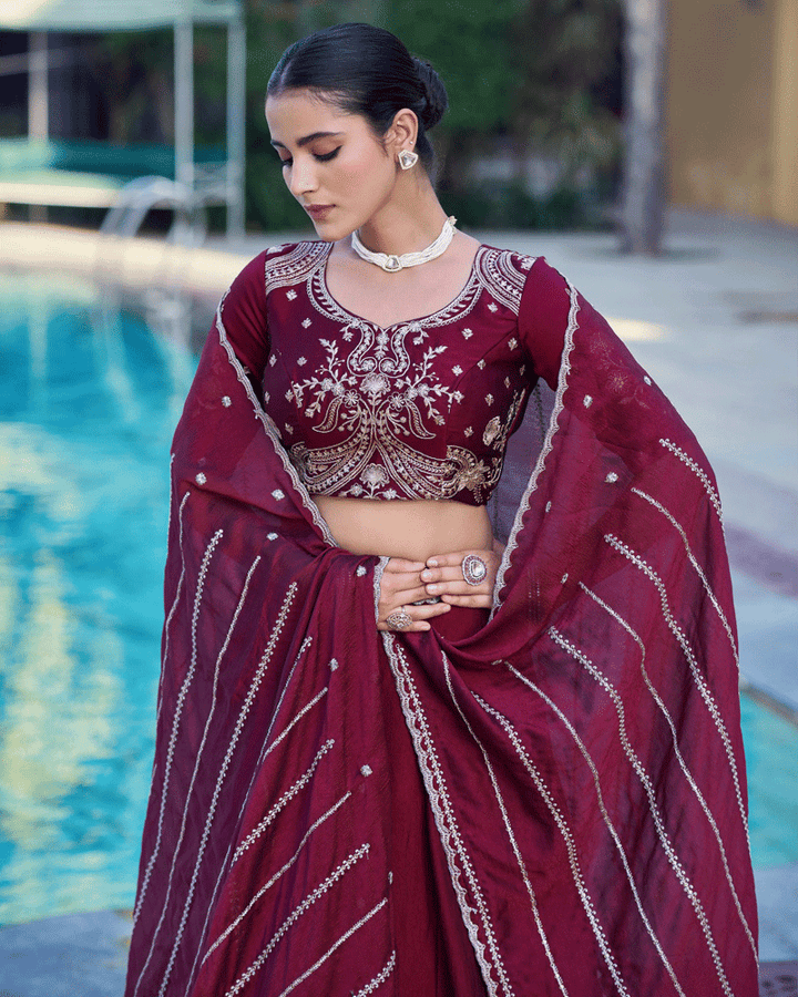 Embellished Maroon Color Rangoli Crush Lehenga Choli
