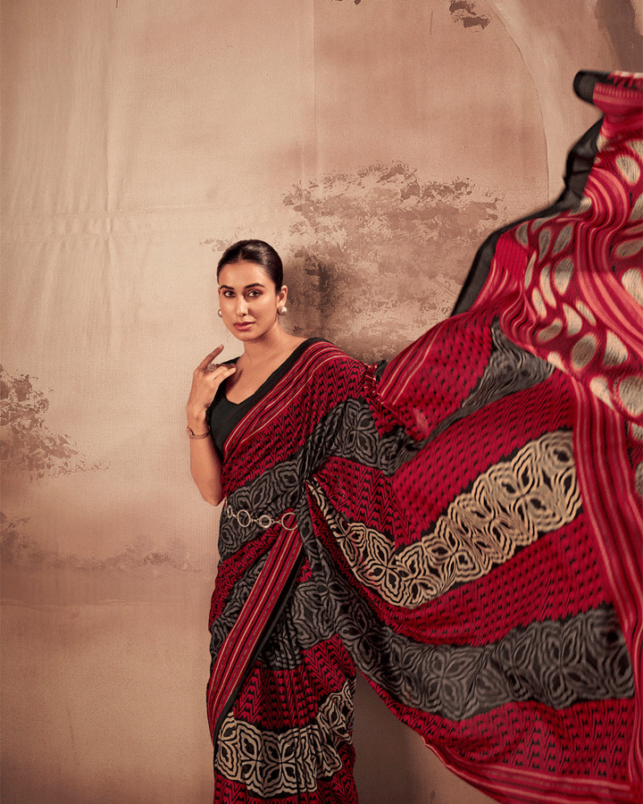 Designer Red Color Geometric Printed Saree