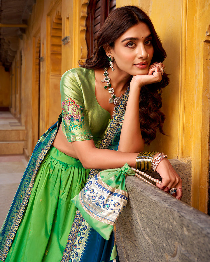Designer Parrot Green Soft Paithani Silk Lehenga Choli