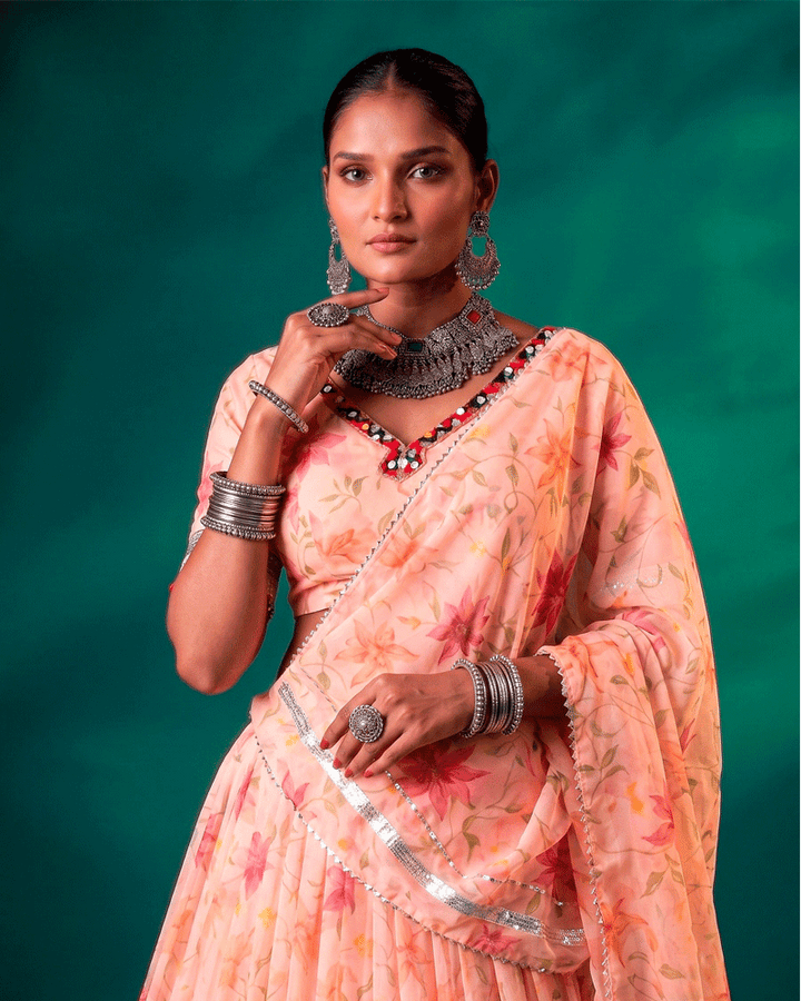 Peach Color Floral Printed Designer Lehenga Set