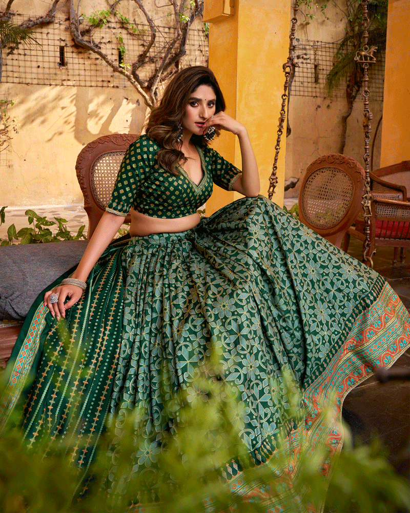 Green Color Sparkle Printed Silk Lehenga Choli