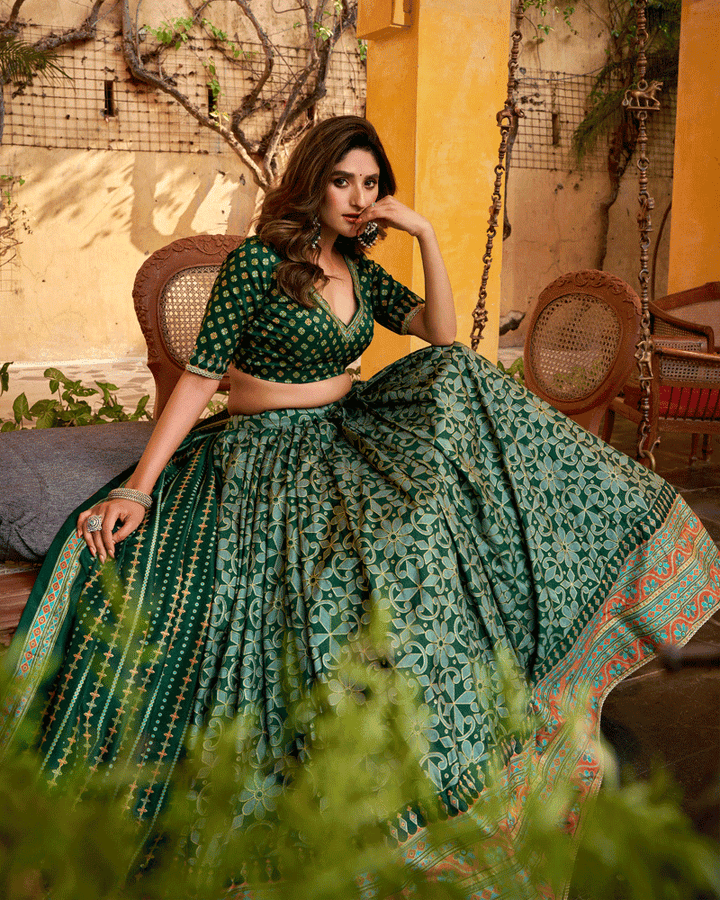 Green Color Sparkle Printed Silk Lehenga Choli