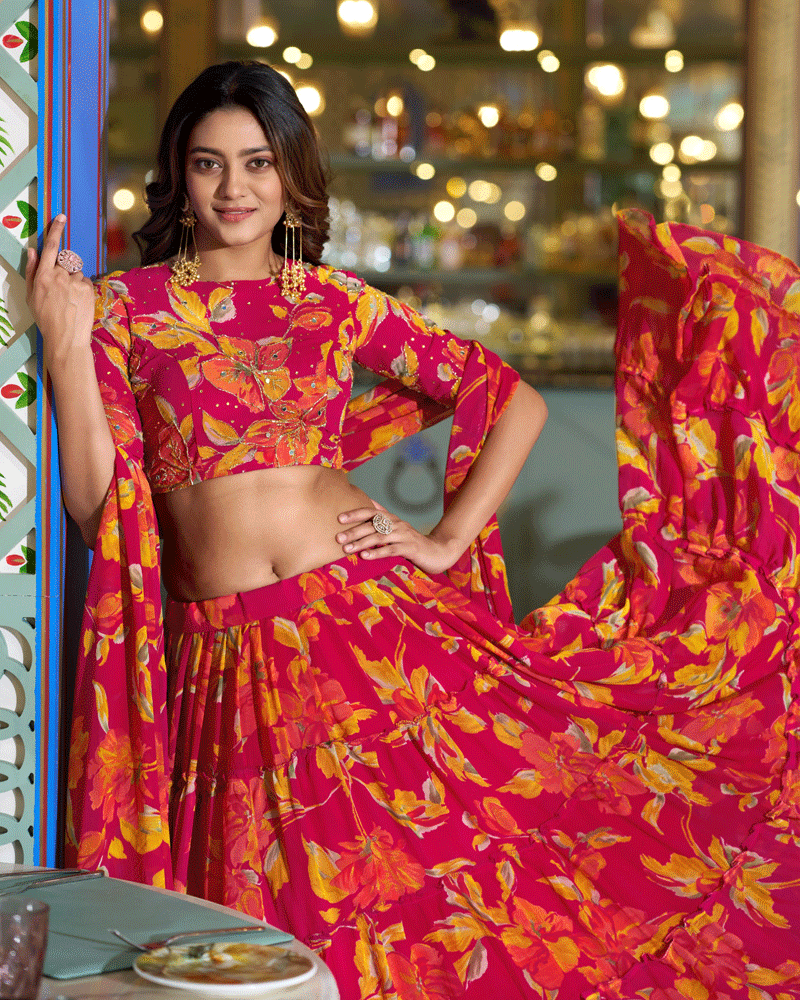 Designer Pink Floral Printed Marble Lehenga Choli