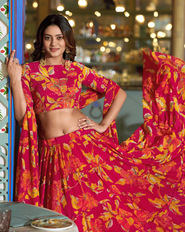 Designer Pink Floral Printed Marble Lehenga Choli