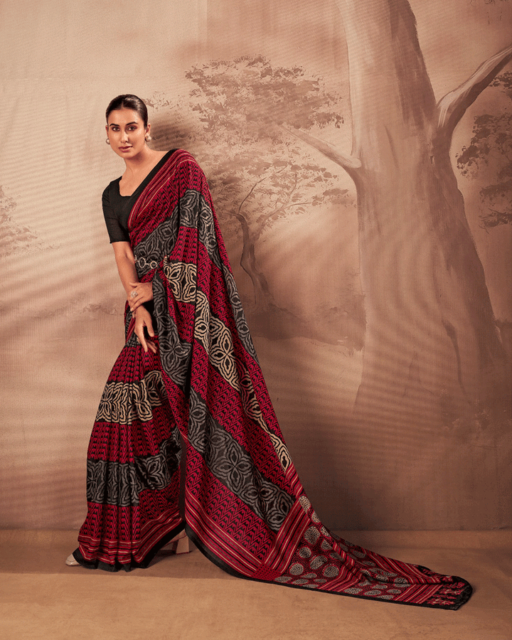 Designer Red Color Geometric Printed Saree