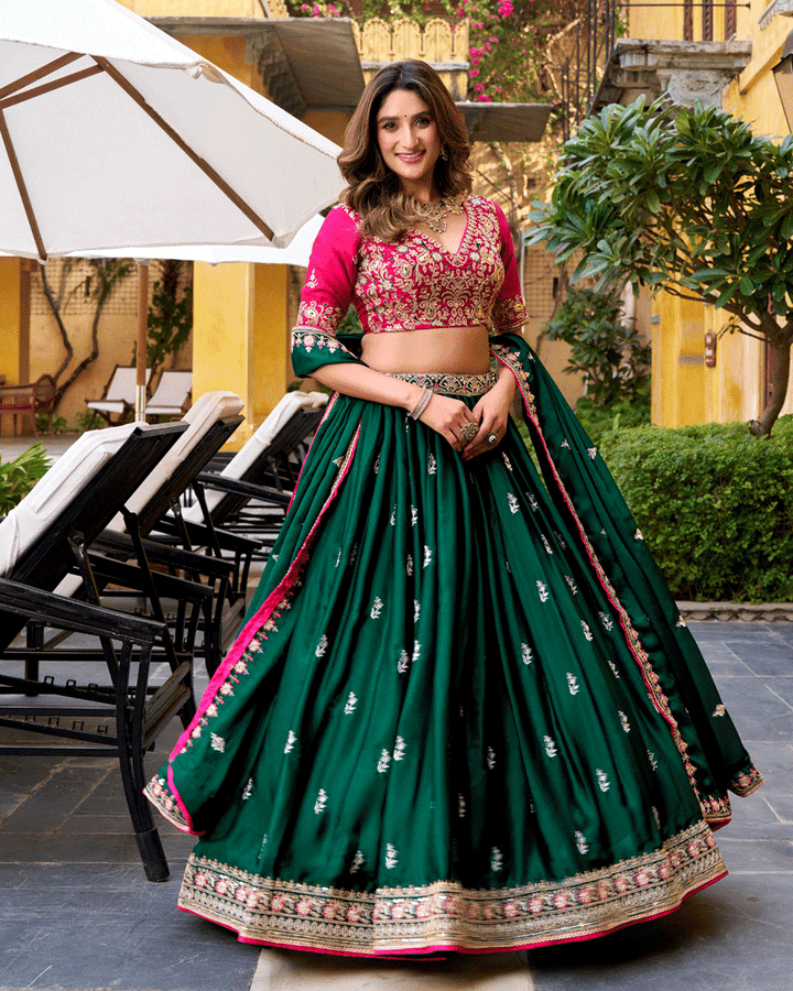 Peacock Green Color Silk Satin Embroidered Lehenga Choli