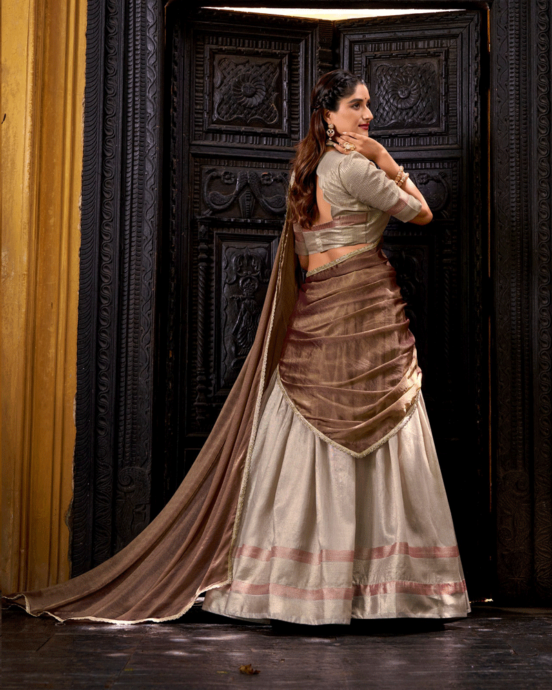Graceful Cream Color Dupion Silk Half Saree
