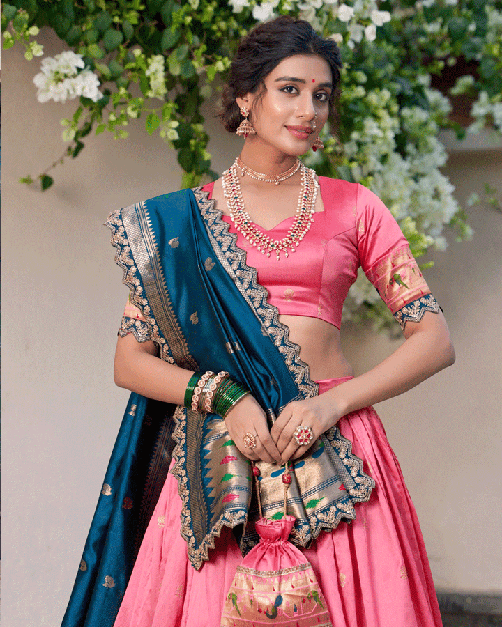 Light Pink Embroidered Jacquard Paithani Silk Lehenga Choli