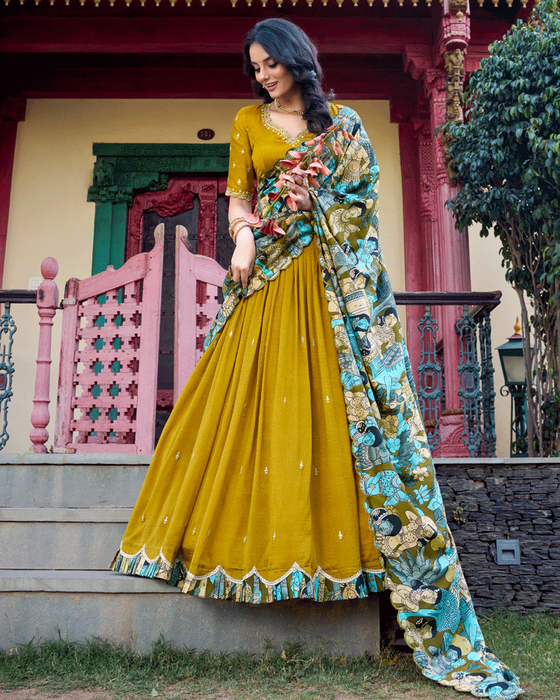 Mustard Vichitra Silk Embroidered Lehenga Choli Set