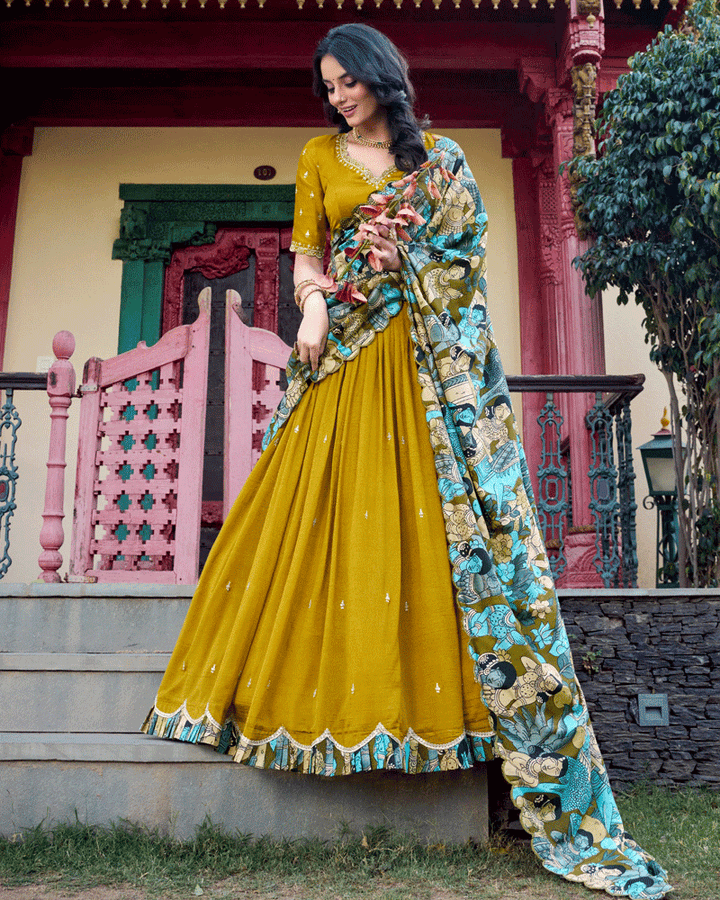 Mustard Vichitra Silk Embroidered Lehenga Choli Set