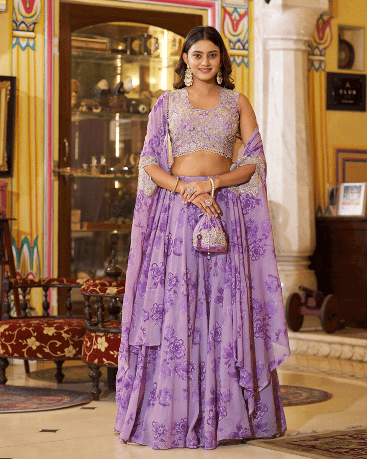 Luvender Georgette Embroidered Lehenga Choli